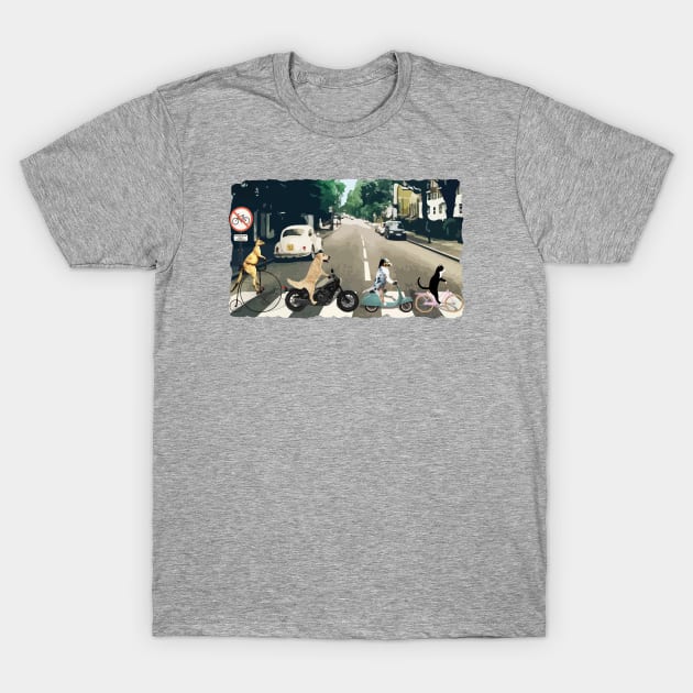 Abbey Road Beatles Spoof Cat and Dogs on Bikes Funny T-Shirt by sketchpets